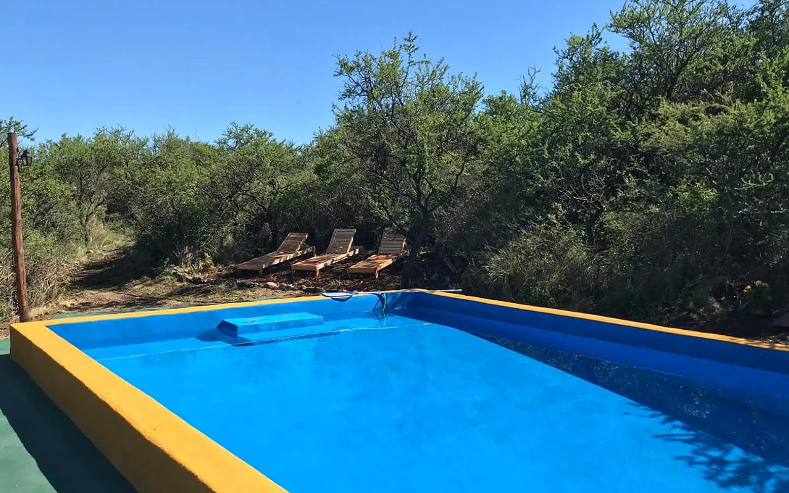 Pileta con borde amarillo y reposeras en el monte